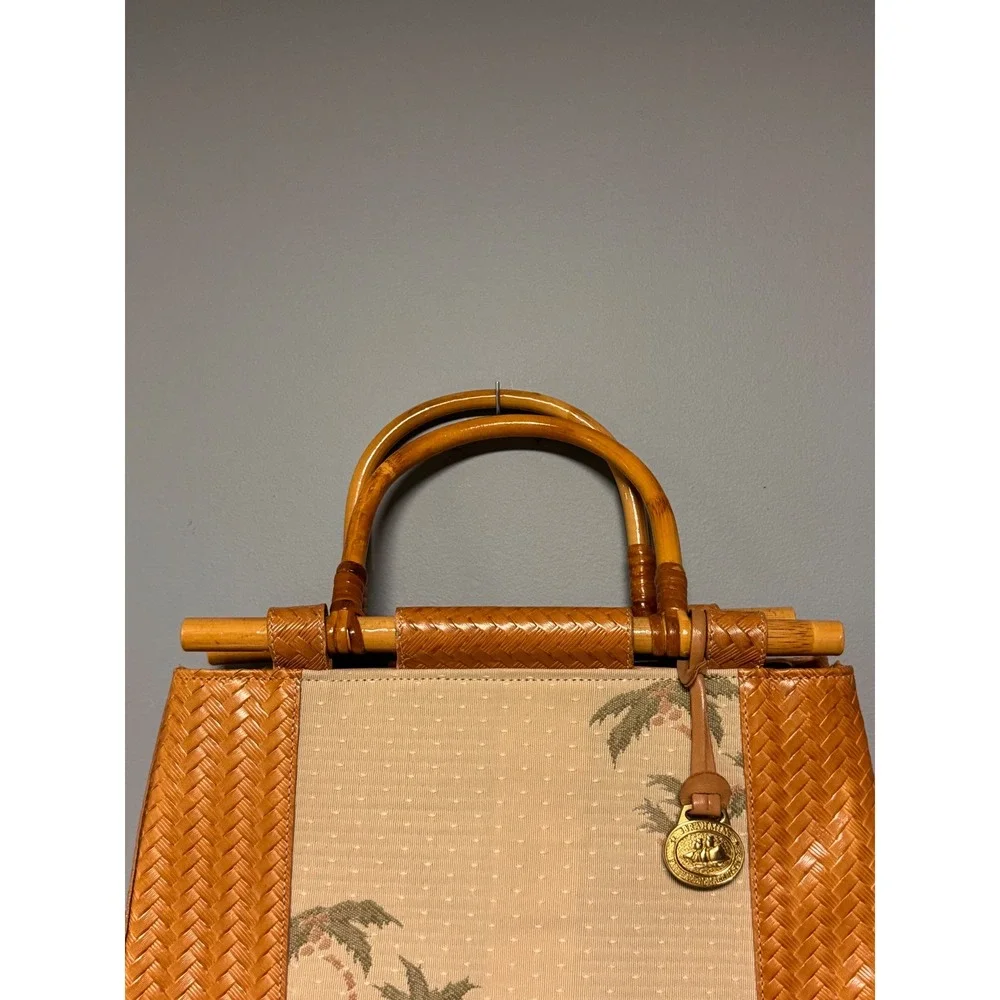 Brahmin Vintage Palm Tree Bamboo Handle Woven Leather Satchel Shoulder Bag Brown